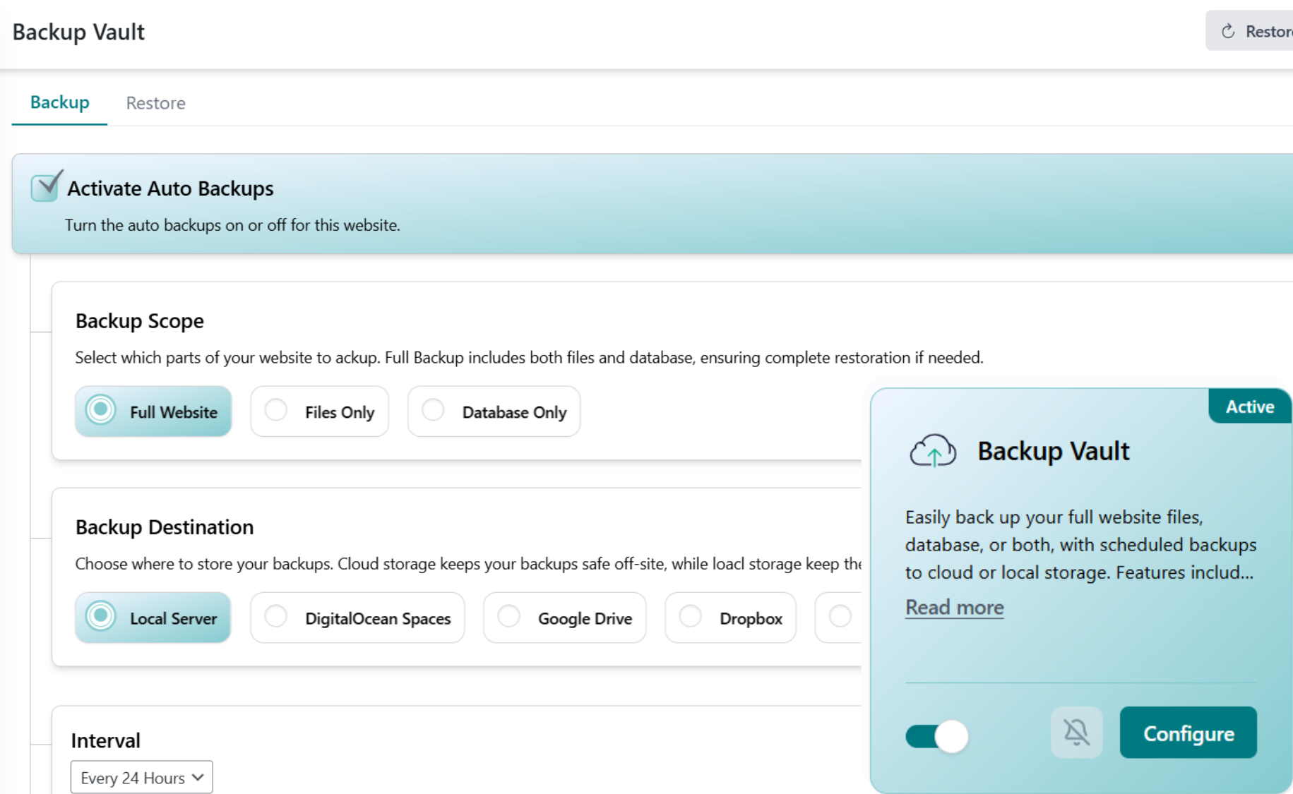 WP Tailwatch Backup Vault automatic offsite backups dashboard