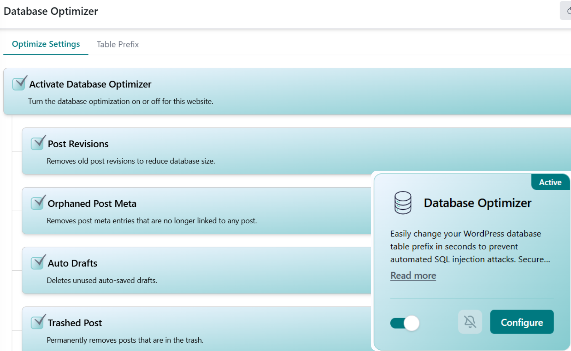 WP Tailwatch Database Optimizer cleaning the WordPress database