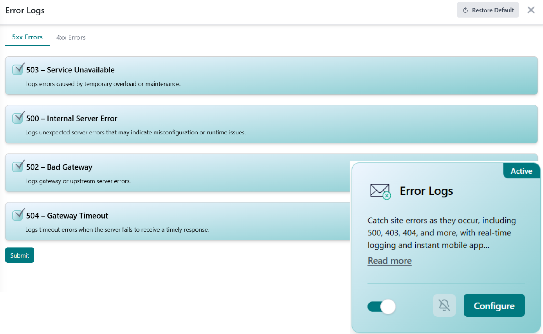 Error Logs view showing captured WordPress PHP errors, warnings, and fatal errors in the WP Tailwatch dashboard