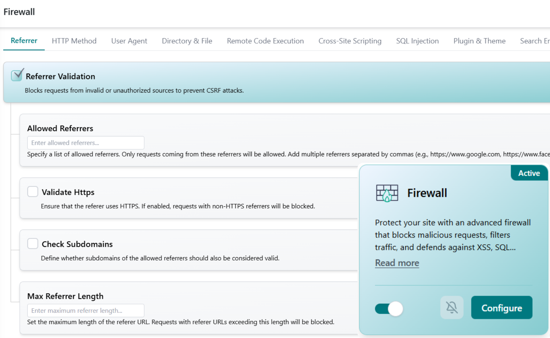 WordPress firewall dashboard blocking SQL injection and XSS attacks at the edge