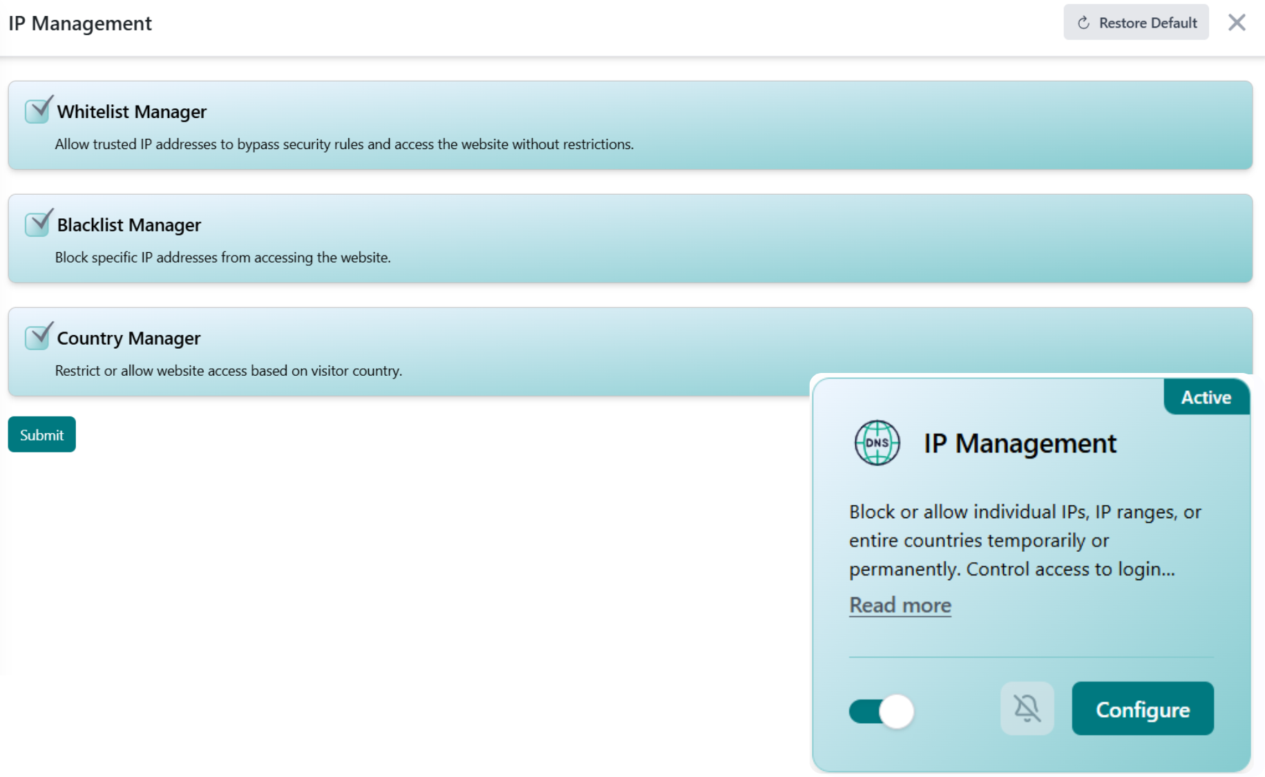 Geo Blocking dashboard restricting WordPress logins and traffic by country