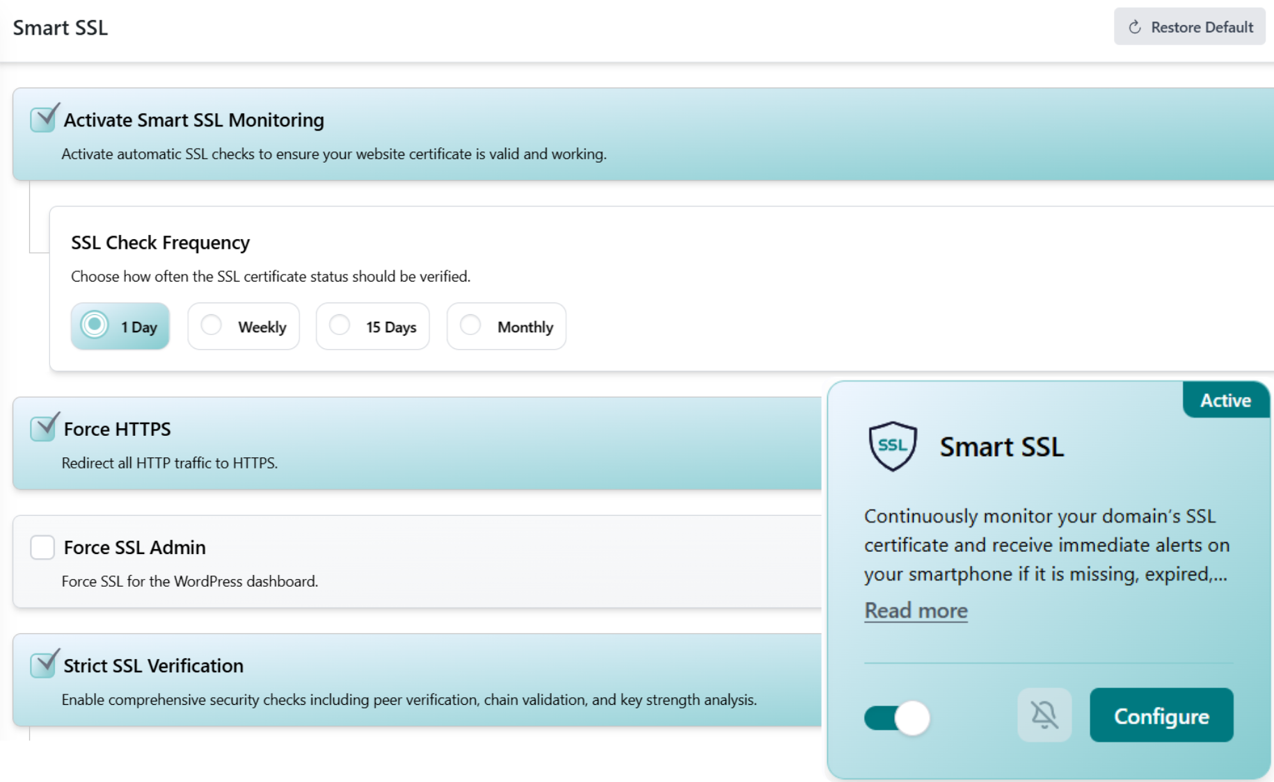 Smart SSL dashboard showing certificate validity and expiry countdown for multiple WordPress sites