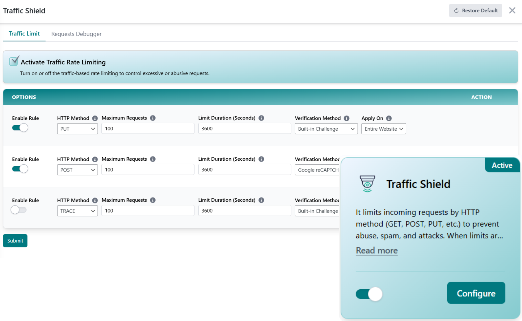 Traffic Shield dashboard challenging suspicious bot traffic with reCAPTCHA