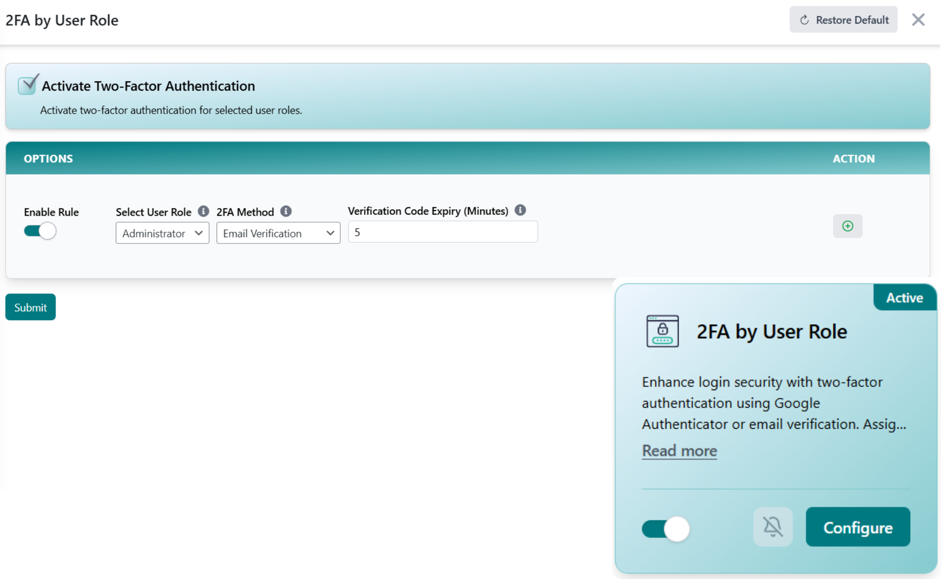 Role-Based 2FA dashboard setting two-factor authentication policy per WordPress user role