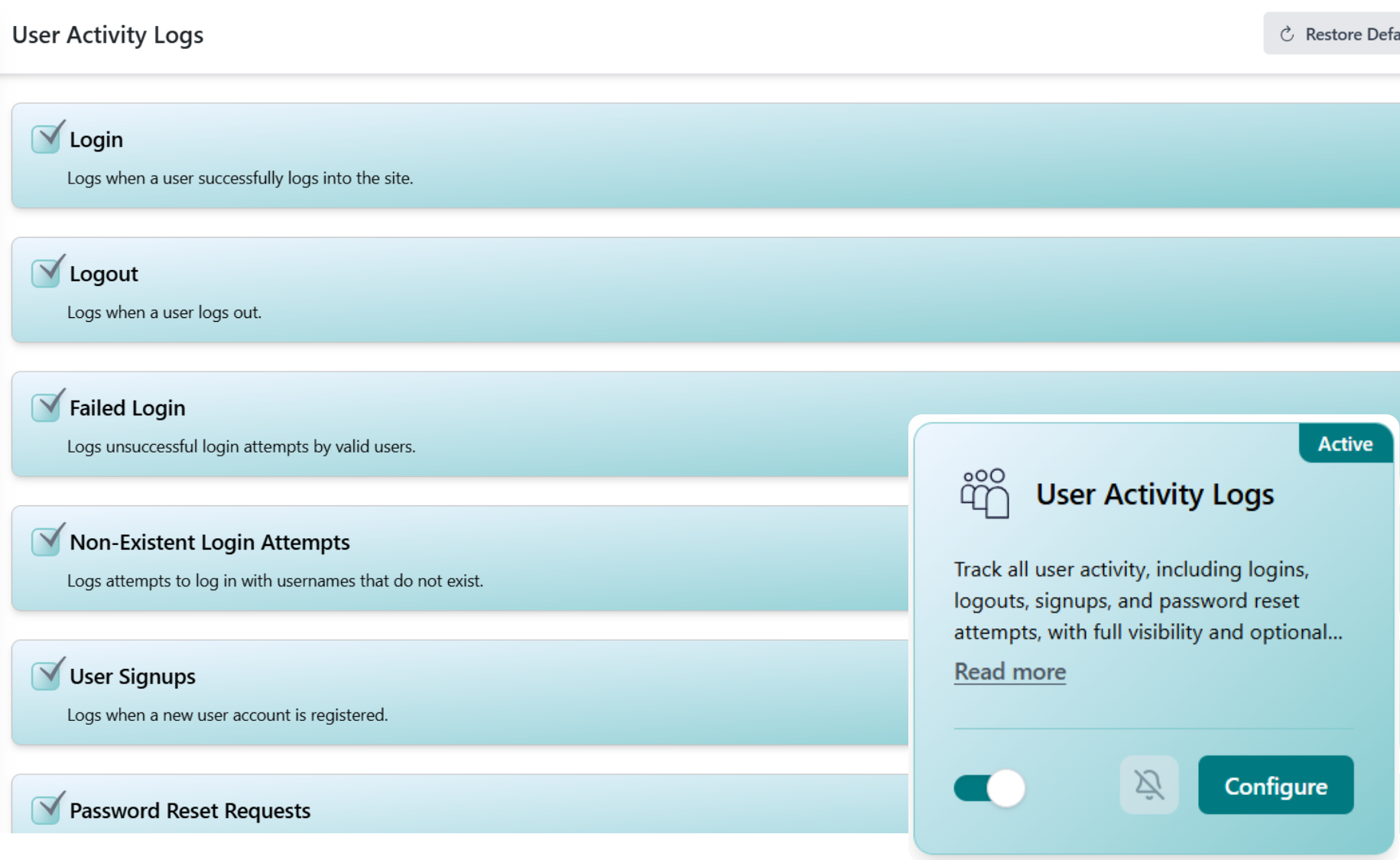 Activity Logs dashboard showing a timeline of WordPress user logins, content edits, and plugin changes