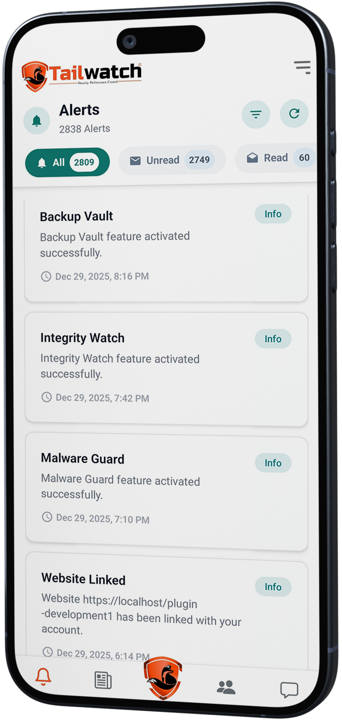 WP Tailwatch app showing real-time security alerts pushed to a phone