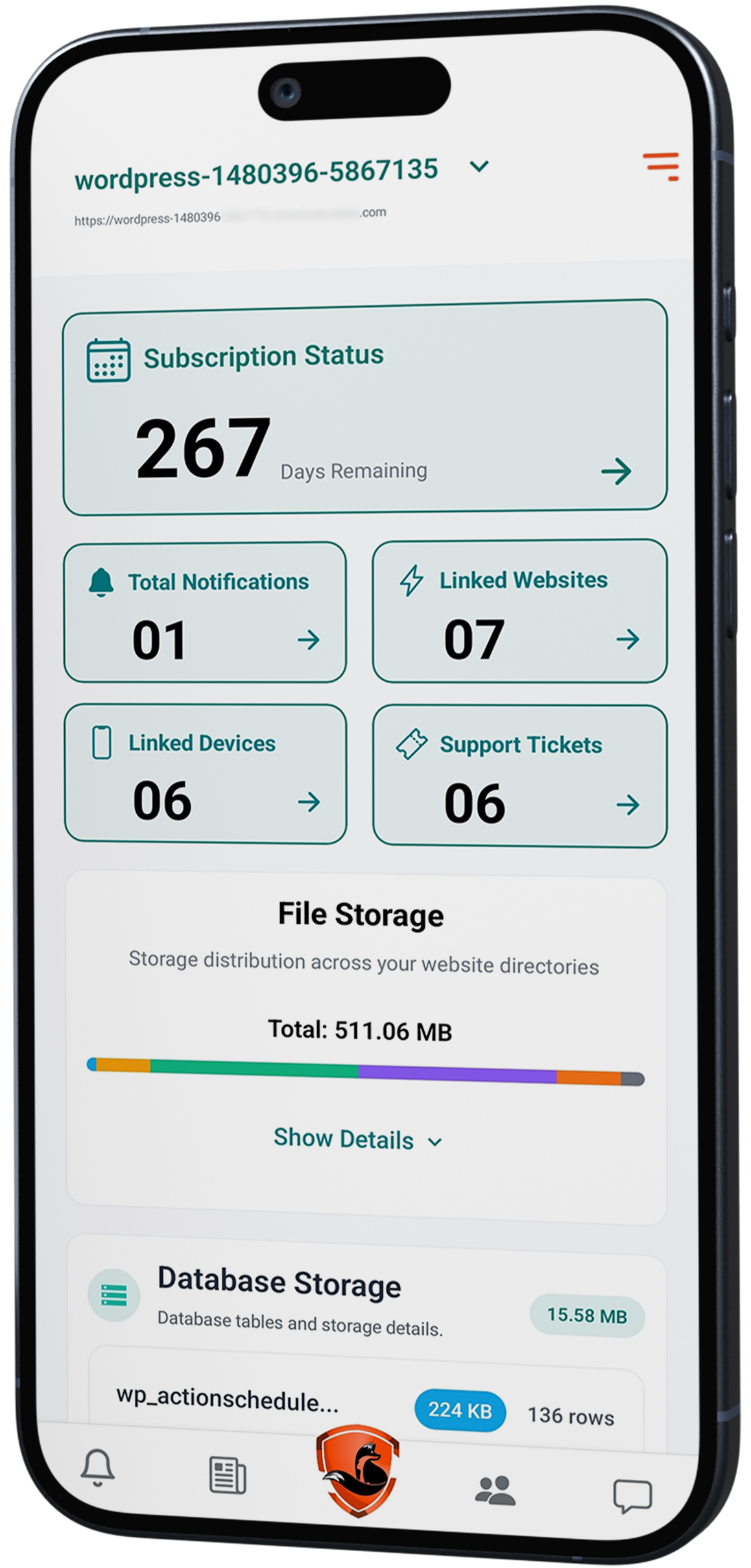 WP Tailwatch mobile dashboard showing connected WordPress sites and their security status